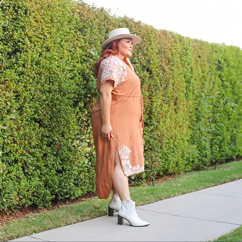 Orange Floral Embroidery Short Sleeve Button Down Hi-Low Plus Dress